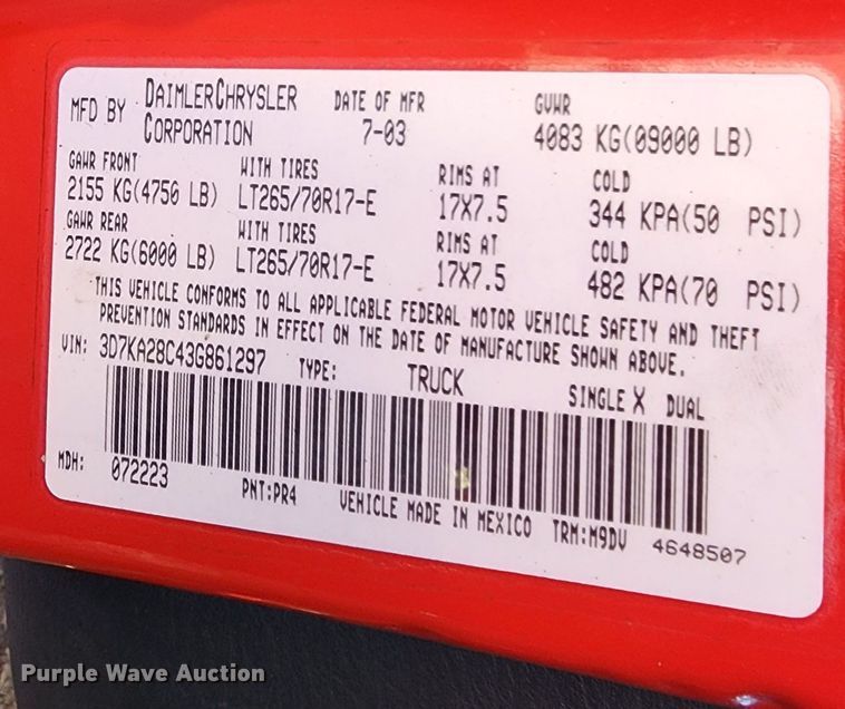 image for item MJ9522 2003 Dodge Ram 2500  Quad Cab pickup truck