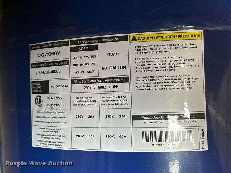 image for item MO9092 Campbell Hausfeld CIQ71060V  air compressor