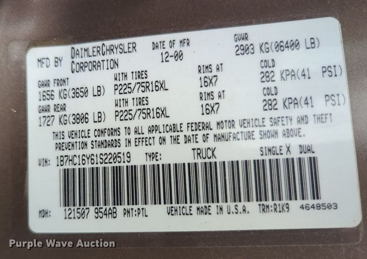 image for item MY9513 2001 Dodge Ram 1500  pickup truck