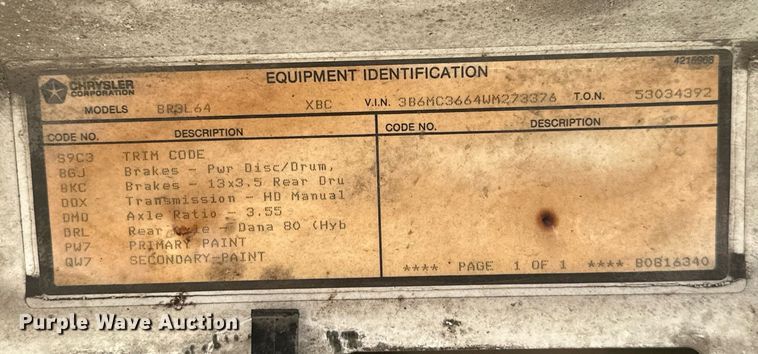 image for item NO9369 1998 Dodge Ram 3500  flatbed pickup truck