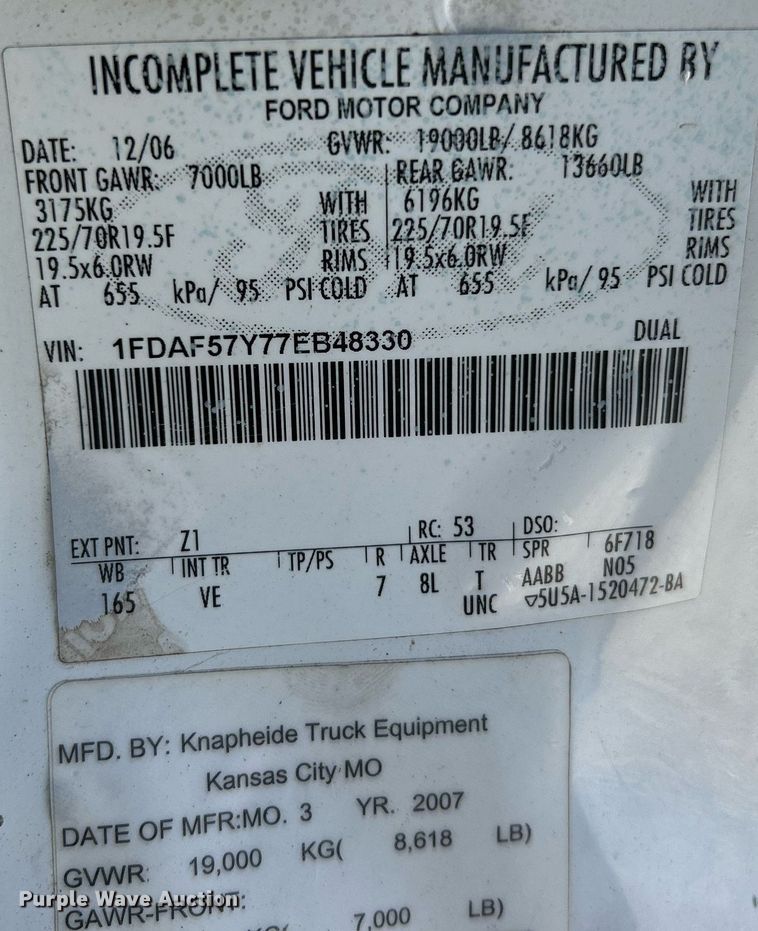 image for item NR9423 2007 Ford F550 Super Duty XL  utility / service truck