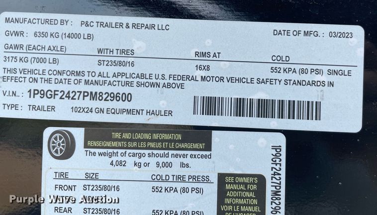 image for item NY9929 2023 P&C Trailers  equipment trailer