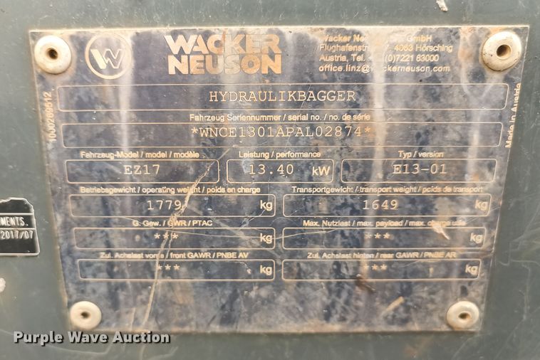 image for item OA9189 Wacker Neuson EZ17  mini excavator
