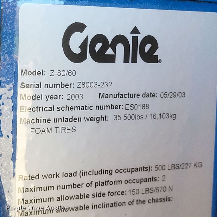 image for item DK1193 2003 Genie Z-80/60  boom lift