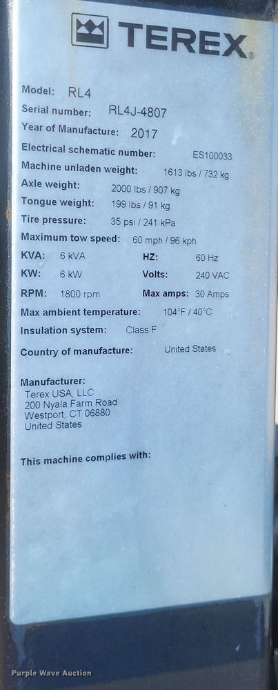 image for item DK1194 2017 Terex RL4  light plant
