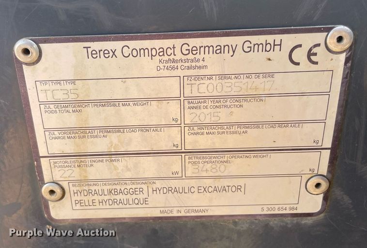 image for item DN3175 2015 Terex TC35  mini excavator