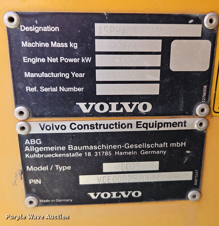 image for item DN7122 2012 Volvo DD25W  double drum vibratory roller