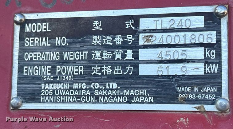 image for item DQ1046 2012 Takeuchi TL240  tracked skid steer loader