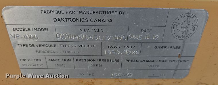 image for item DR3438 2005 Daktronics VP-1000  message board trailer