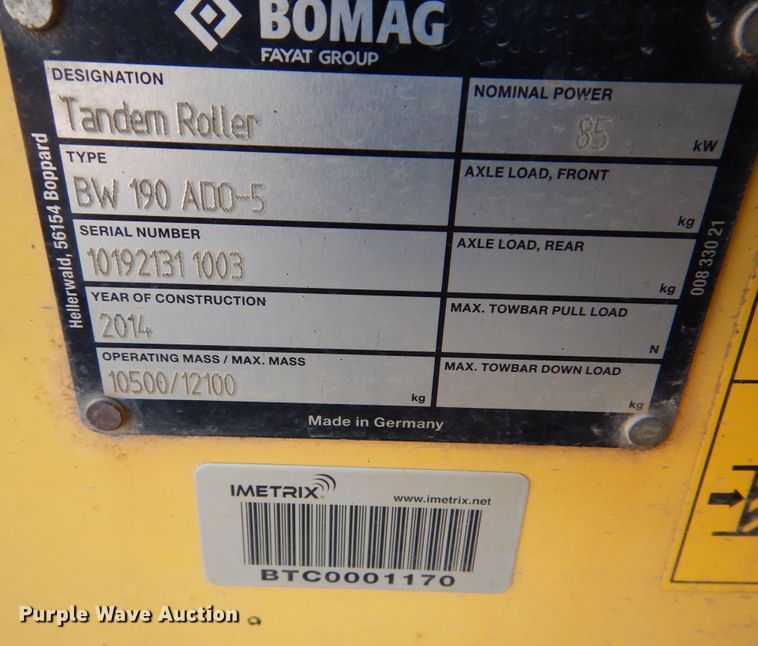 image for item DR5812 2014 Bomag BW190 ADO  double drum vibratory roller