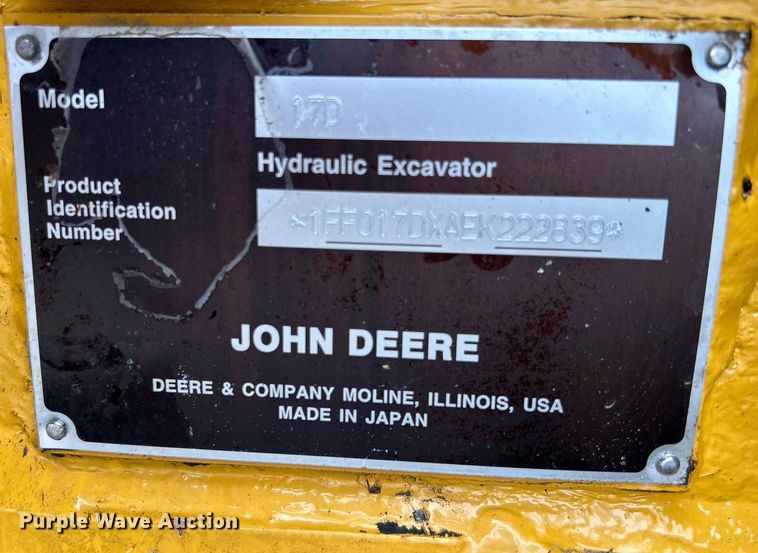 image for item KH9567 2014 John Deere 17D  mini excavator