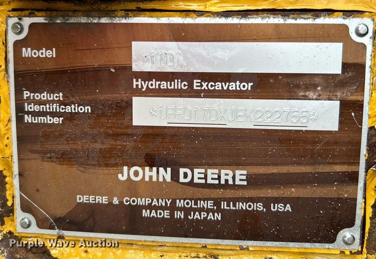 image for item KH9568 2014 John Deere 17D  mini excavator