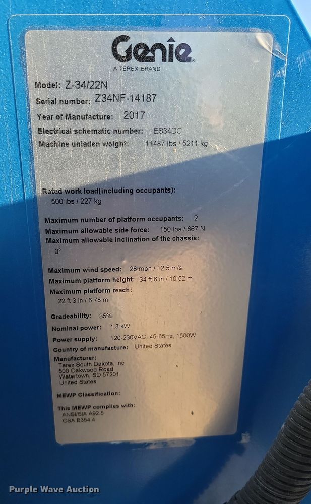 image for item KU9083 2017 Genie Z-34/22N  boom lift