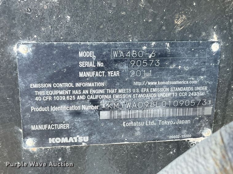 image for item LD9855 2011 Komatsu WA480-6  wheel loader