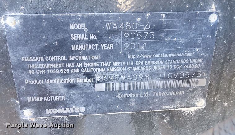 image for item LD9855 2011 Komatsu WA480-6  wheel loader