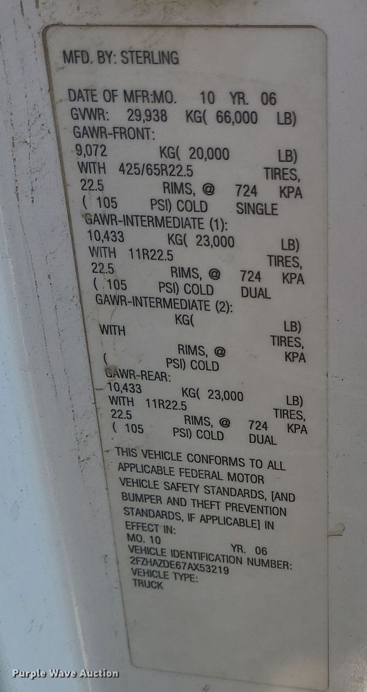 image for item LJ9368 2007 Sterling  hook lift truck