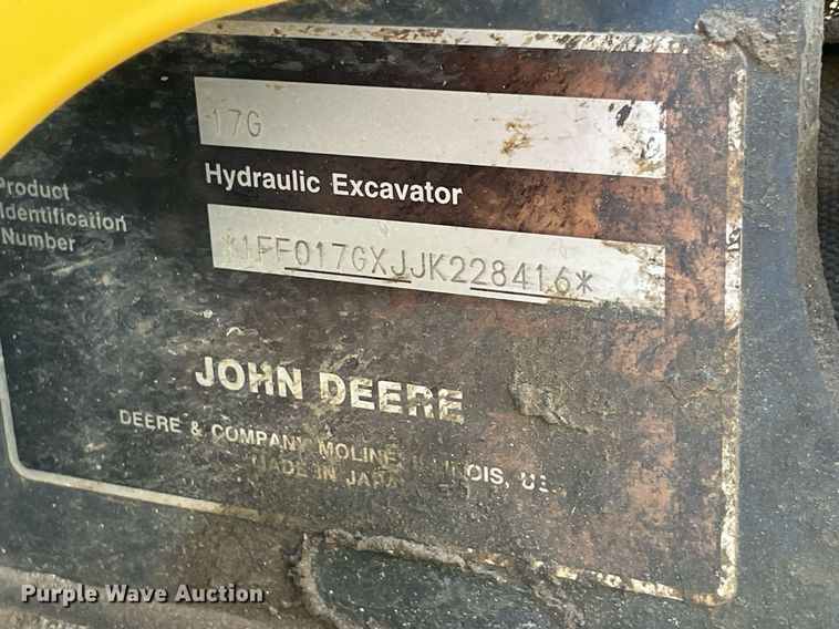 image for item LV9197 2019 John Deere 17G  mini excavator