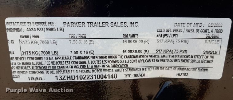 image for item LX9813 2003 Parker  dump trailer
