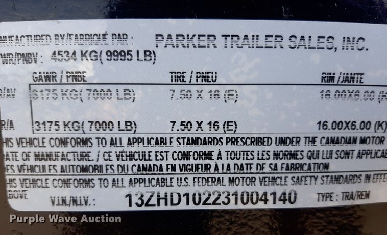 image for item LX9813 2003 Parker  dump trailer