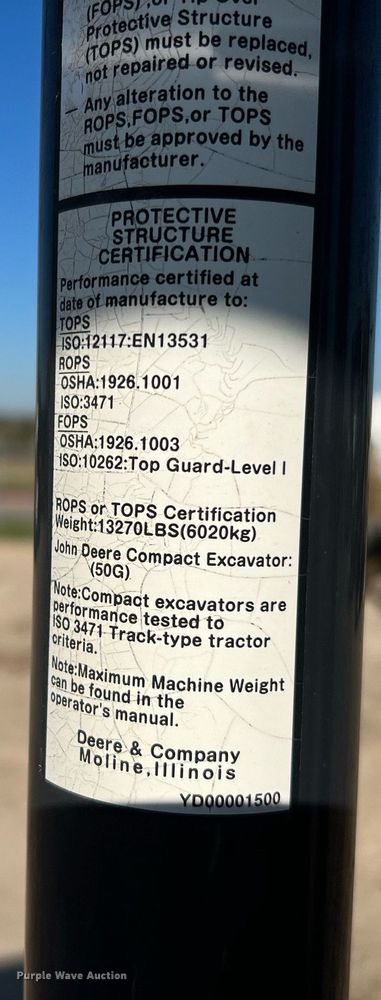 image for item MH9922 2016 John Deere 50G  mini excavator