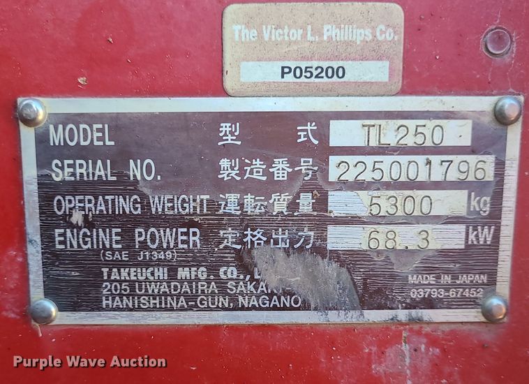 image for item MJ9526 2012 Takeuchi TL250  tracked skid steer loader