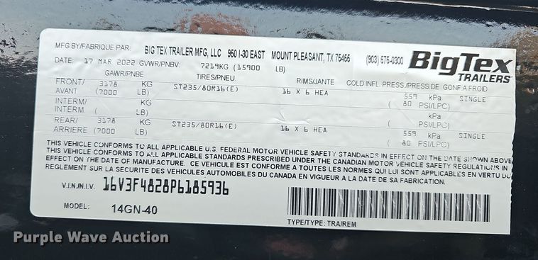 image for item NP9233 2023 Big Tex 14GN 40  equipment trailer