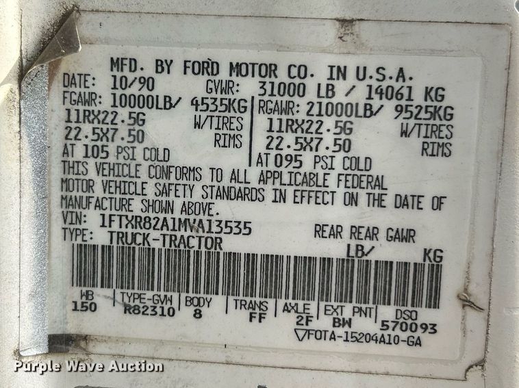 image for item NR9418 1991 Ford L8000  water truck