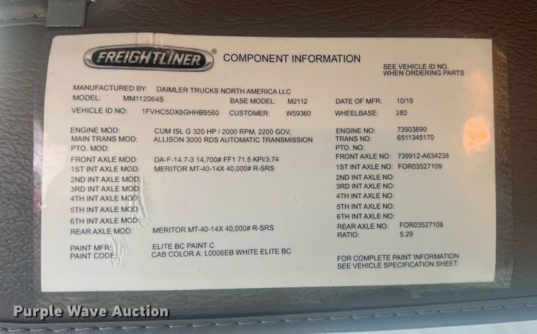 image for item OA9171 2016 Freightliner Business Class M2  truck cab and chassis