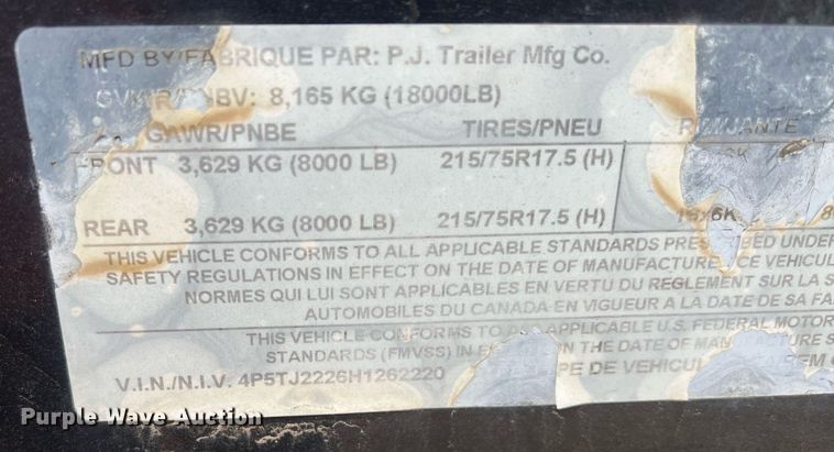 image for item OA9195 2017 PJ  tilt deck equipment trailer