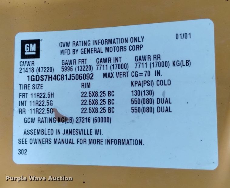 image for item DK8898 2001 GMC C7500  dump truck