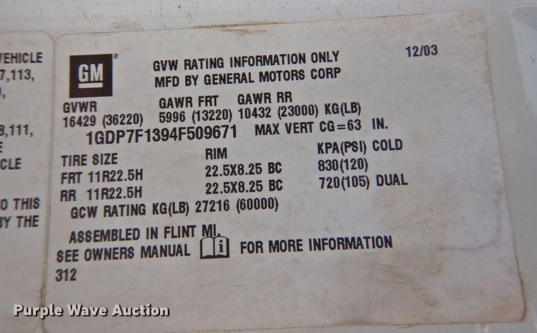 image for item DP4391 2004 GMC T7500  hook lift truck