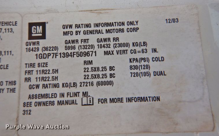 image for item DP4391 2004 GMC T7500  hook lift truck