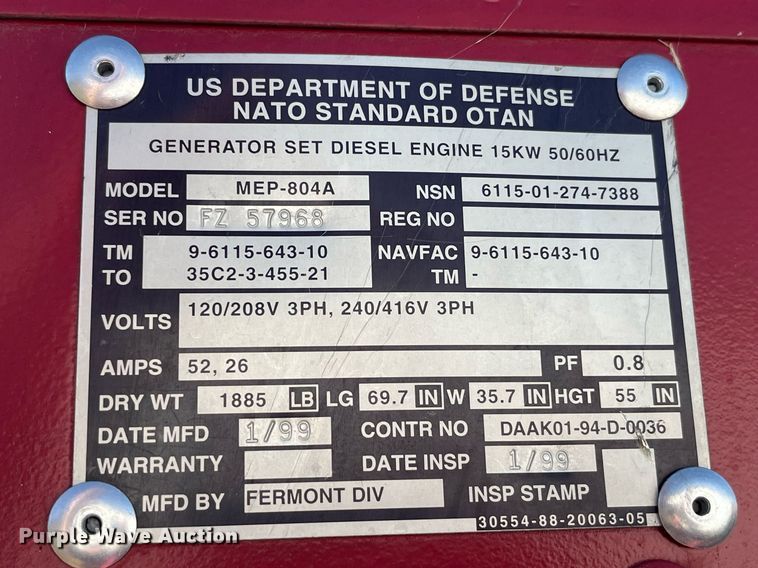 image for item LD9871 1999 Marathon Electric MEP804A  generator