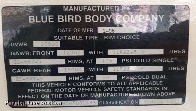 image for item LX9888 1998 Blue Bird TC2000  school bus