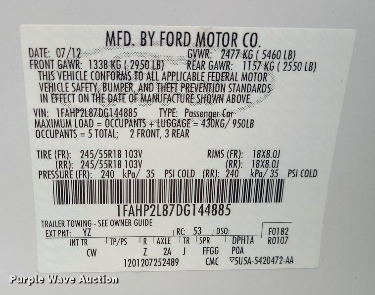 image for item MJ9462 2013 Ford Taurus Police