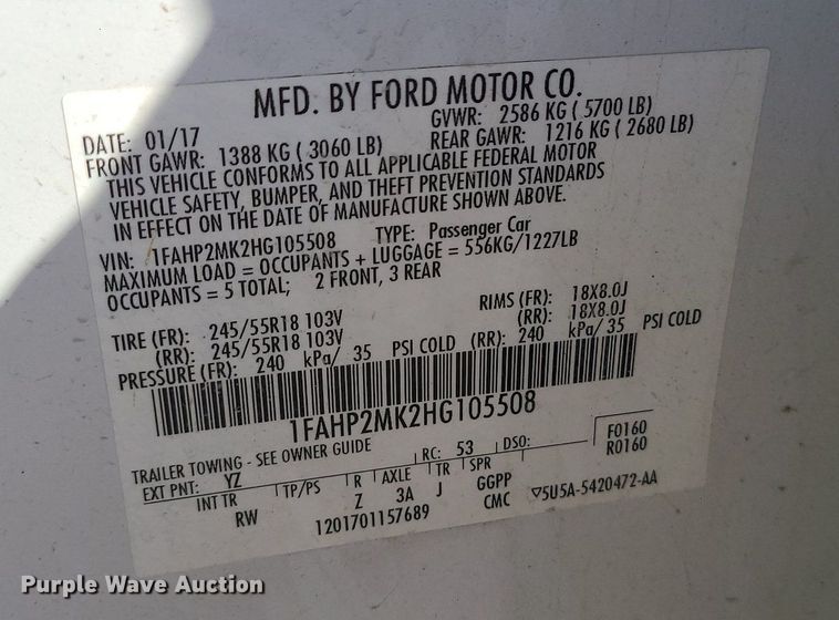 image for item MJ9482 2017 Ford Taurus Police