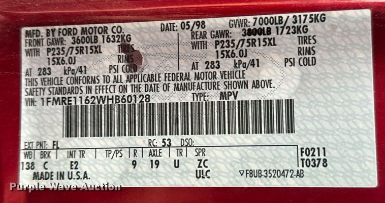 image for item NX9989 1998 Ford Club Wagon  van