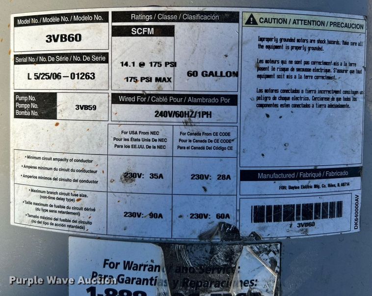 image for item OM9046 Westward 3VB60  air compressor