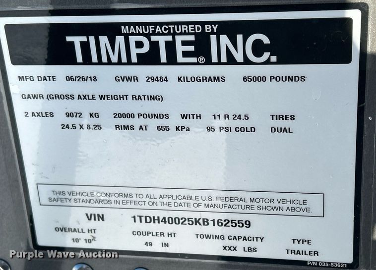 image for item DQ1063 2019 Timpte 4062  grain trailer