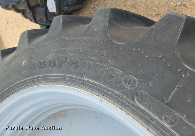 image for item JW9536 (2) Goodyear Super Traction Radial 480/80R50 tires and wheels