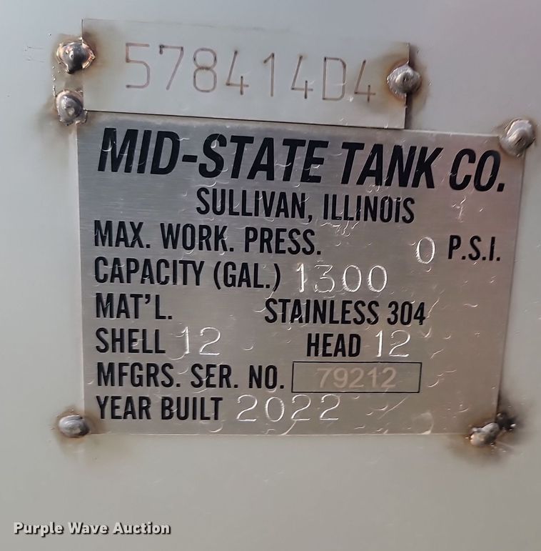 image for item JW9559 2022 Mid-State Tank Co.  solution tank