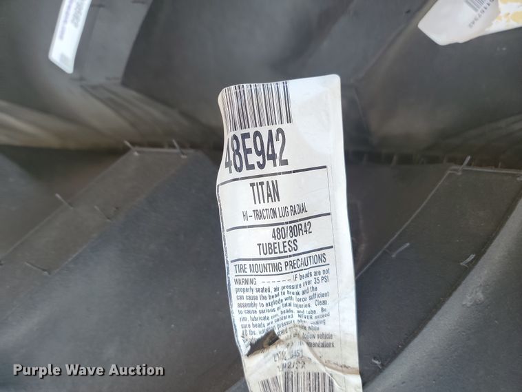 image for item JW9562 (4) Titan Hi-Traction Lug Radial 480/80R42 tires and wheels