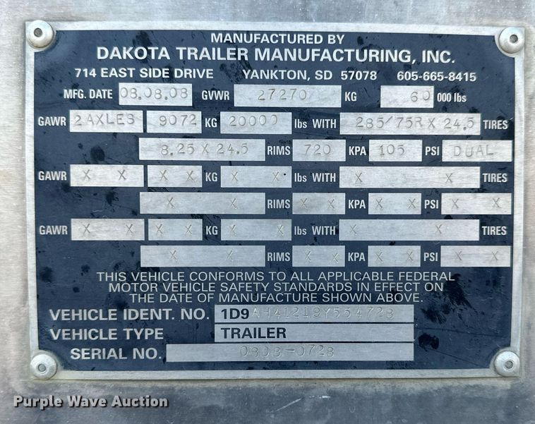 image for item NP9572 2009 Dakota  grain trailer
