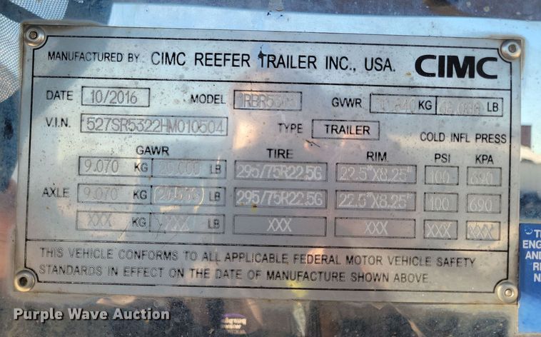 image for item DL7750 CIMC Vanguard Cool Globe R8000B  refrigerated van trailer