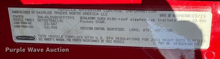 image for item GQ9223 2016 Freightliner Cascadia 125  semi truck