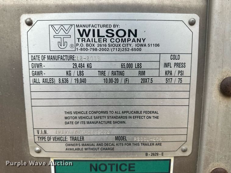image for item IU9184 2010 Wilson PSDCL-406  livestock trailer