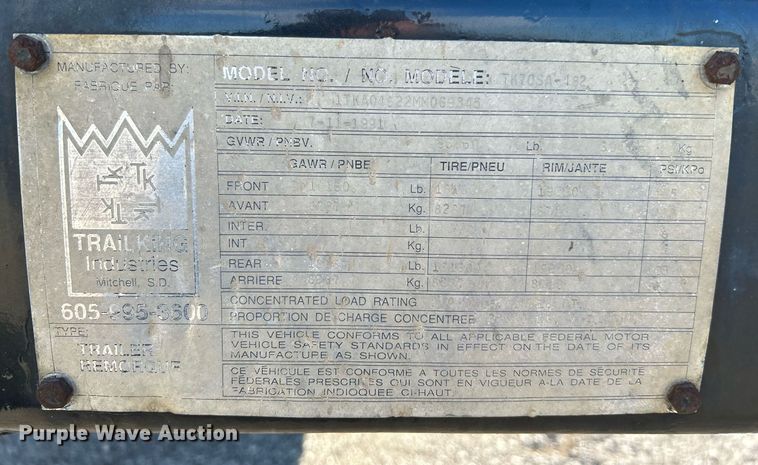 image for item KH9577 1991 Trail King TK70SA-182 drop deck equipment trailer