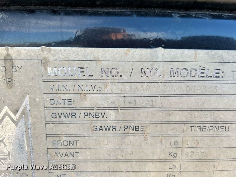 image for item KH9577 1991 Trail King TK70SA-182 drop deck equipment trailer