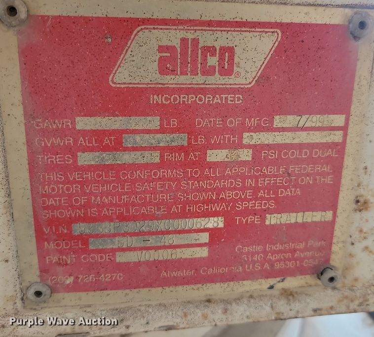 image for item KU9088 1999 Allco bottom dump pup trailer