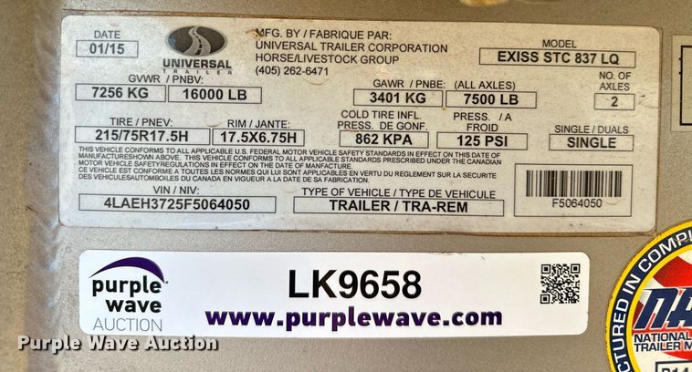 image for item LK9658 2015 Exiss STC837LQ  horse trailer